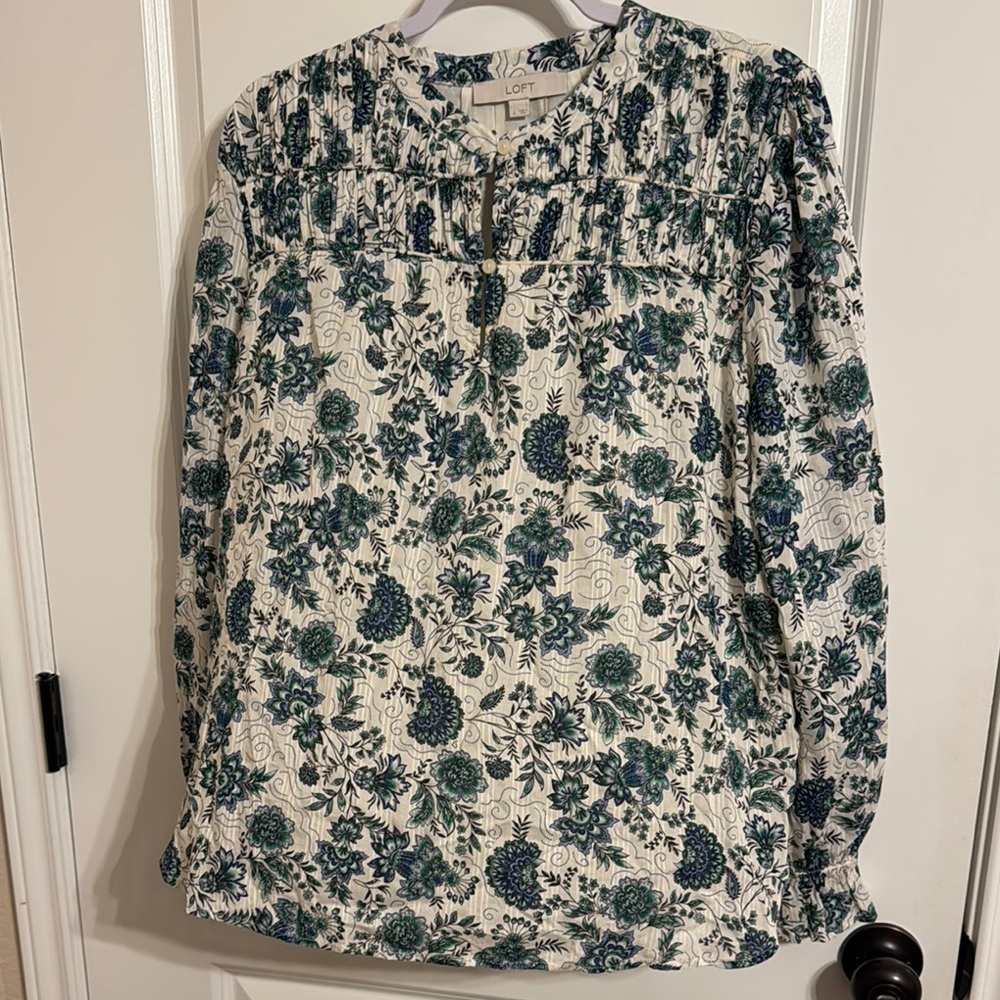 LOFT White and Green Smocked Ruffled Blouse with Bib Collar